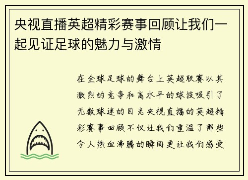央视直播英超精彩赛事回顾让我们一起见证足球的魅力与激情